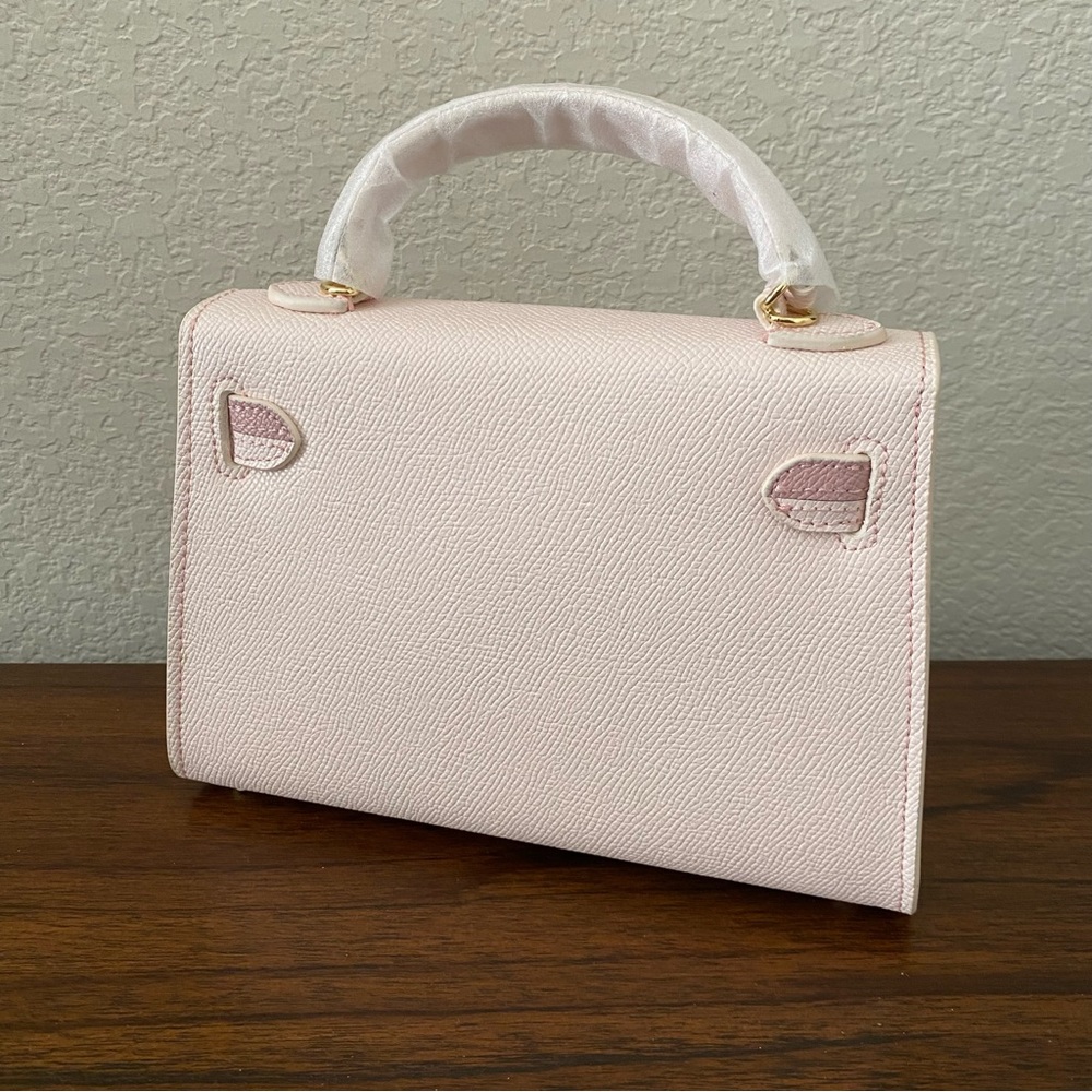 HOUSE OF HELLO Epsom Light Pink Leather Gold Satchel Bag Crossbody Dual Strap B4 - Picture 4 of 11
